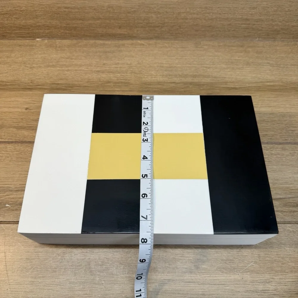 Handmade Wood Storage Stash Trinket Box Black Yellow White Geometric Hinged
